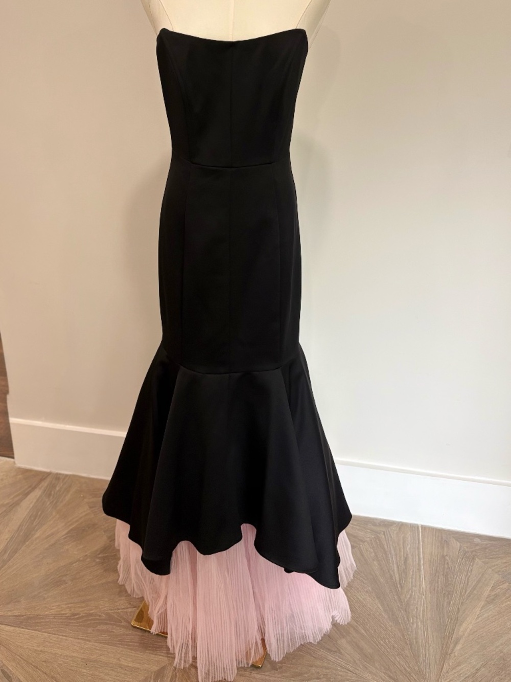 Black strapless Mermaid Gown with Pink Fringe Hem